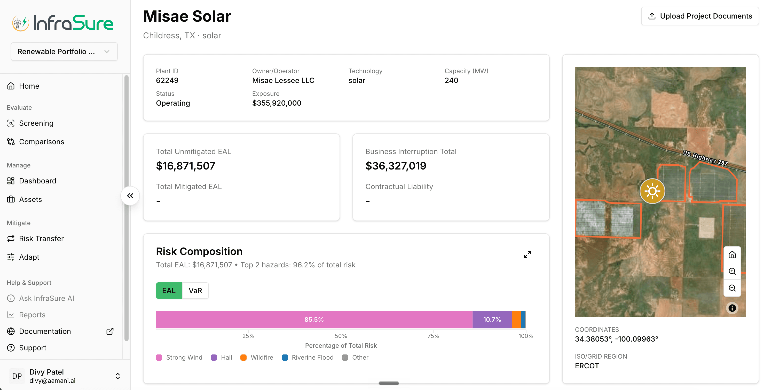 Sandy Ridge Wind Farm risk composition — total unmitigated EAL $58,762 with risk decomposed across hail (67.9%), hurricane (16.4%), strong wind (9.2%), and secondaries.