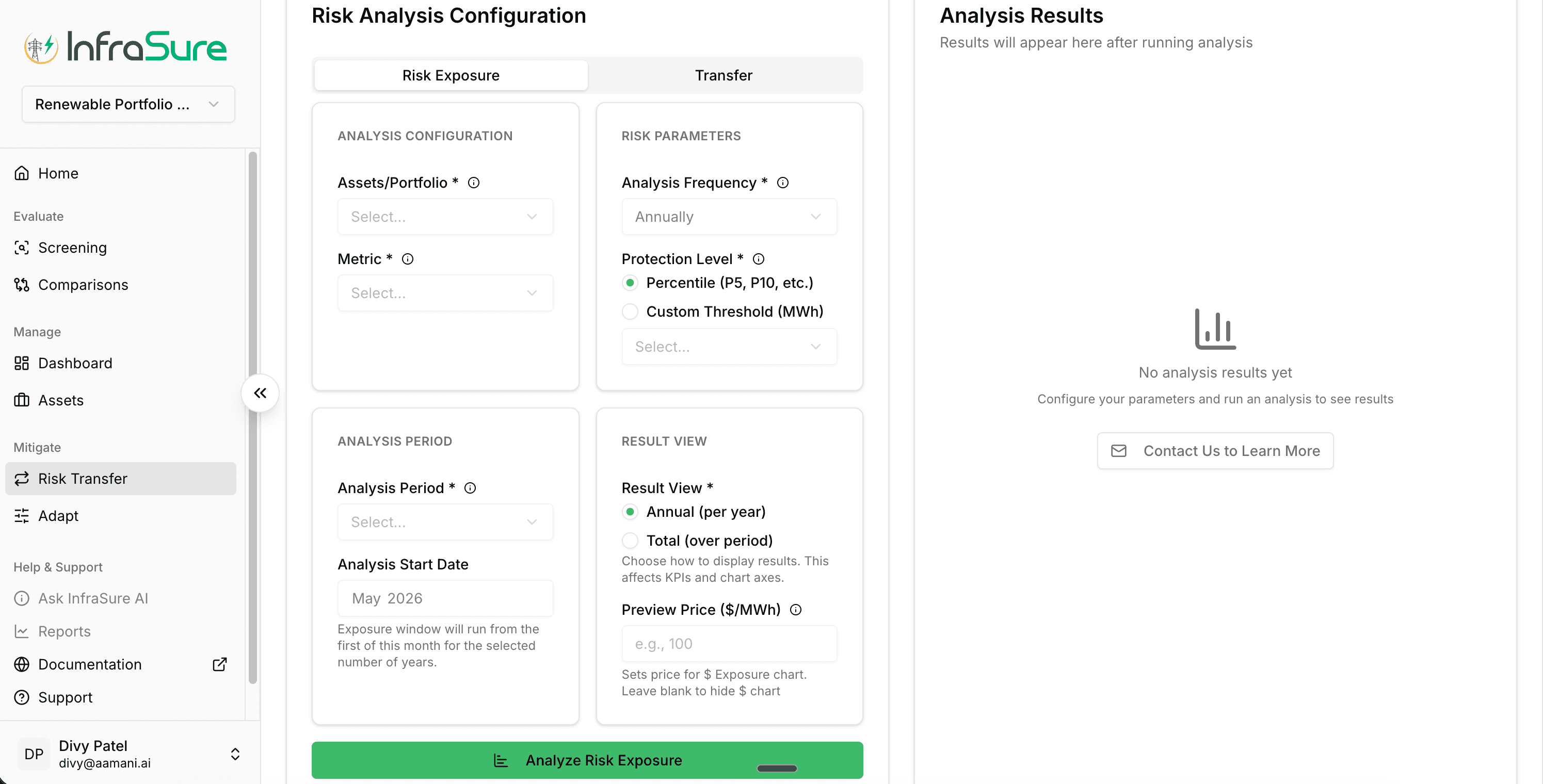 Risk Transfer / Parametric Risk Coverage configuration screen.